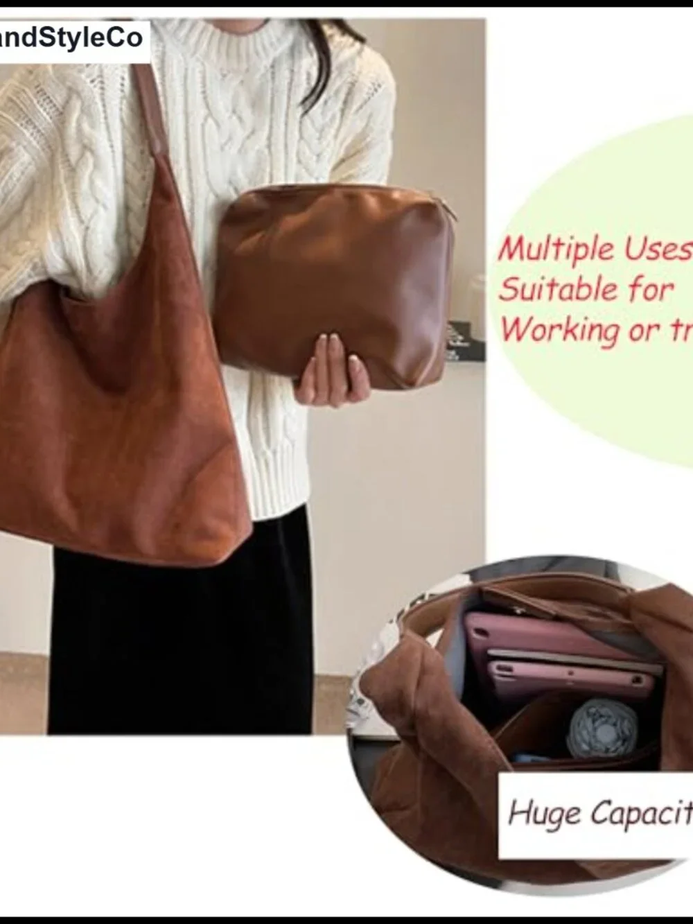 Faux Suede Handbag Set 3 Pcs Hobo Shoulder Bags Purse for Work Travel